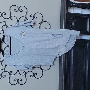 We the Free People XS V Neck Embroidered Sun Tee Shirt Asmetrical Hem with Vent